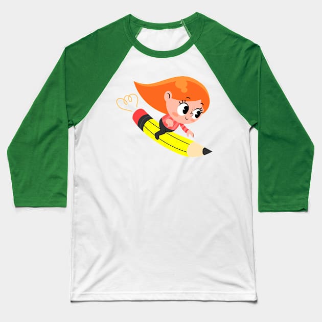 Girl Flying Pencil Baseball T-Shirt by Madhav